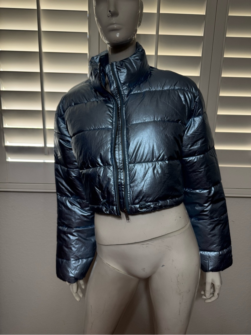New 2xl pastel metallic blue cropped puffer jacket rave festival raver coat top